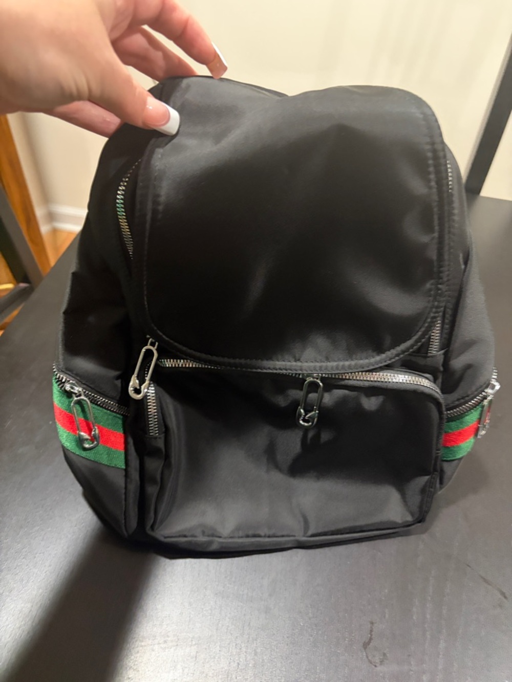 Black Women’s Nylon Backpack with Green & Red Accent NEVER USED!